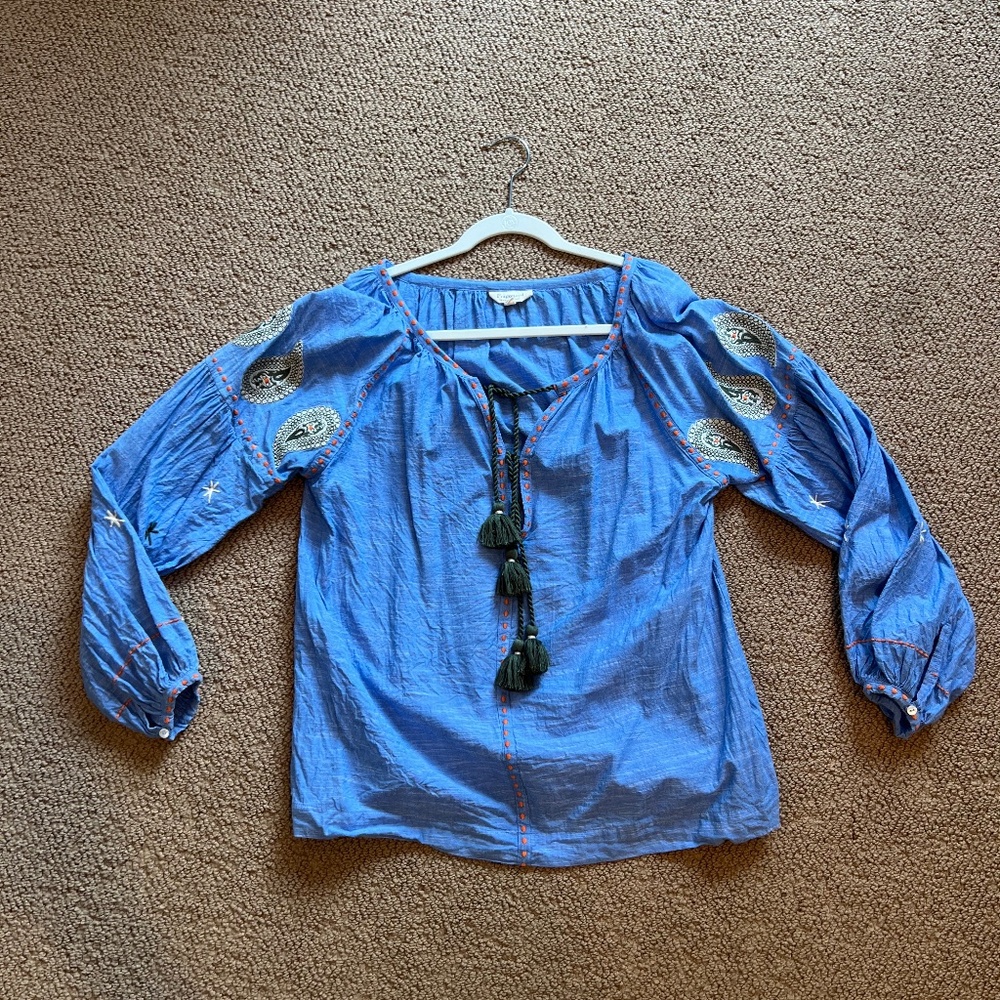 Fragonard embroidered blue top one size